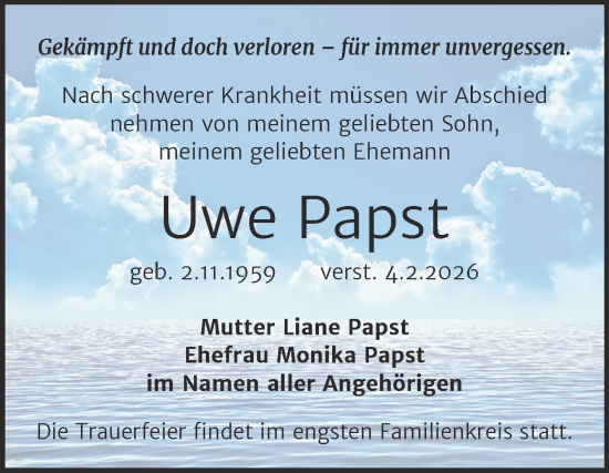 Traueranzeige von Uwe Papst von Super Sonntag Naumburg/Nebra