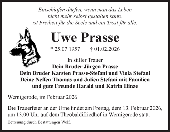 Traueranzeige von Uwe Prasse von Volksstimme Wernigerode
