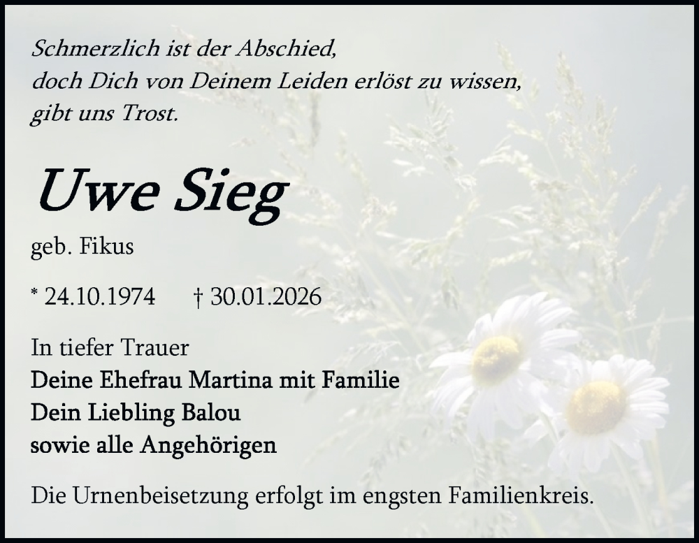  Traueranzeige für Uwe Sieg vom 07.02.2026 aus Trauerkombi Bitterfeld