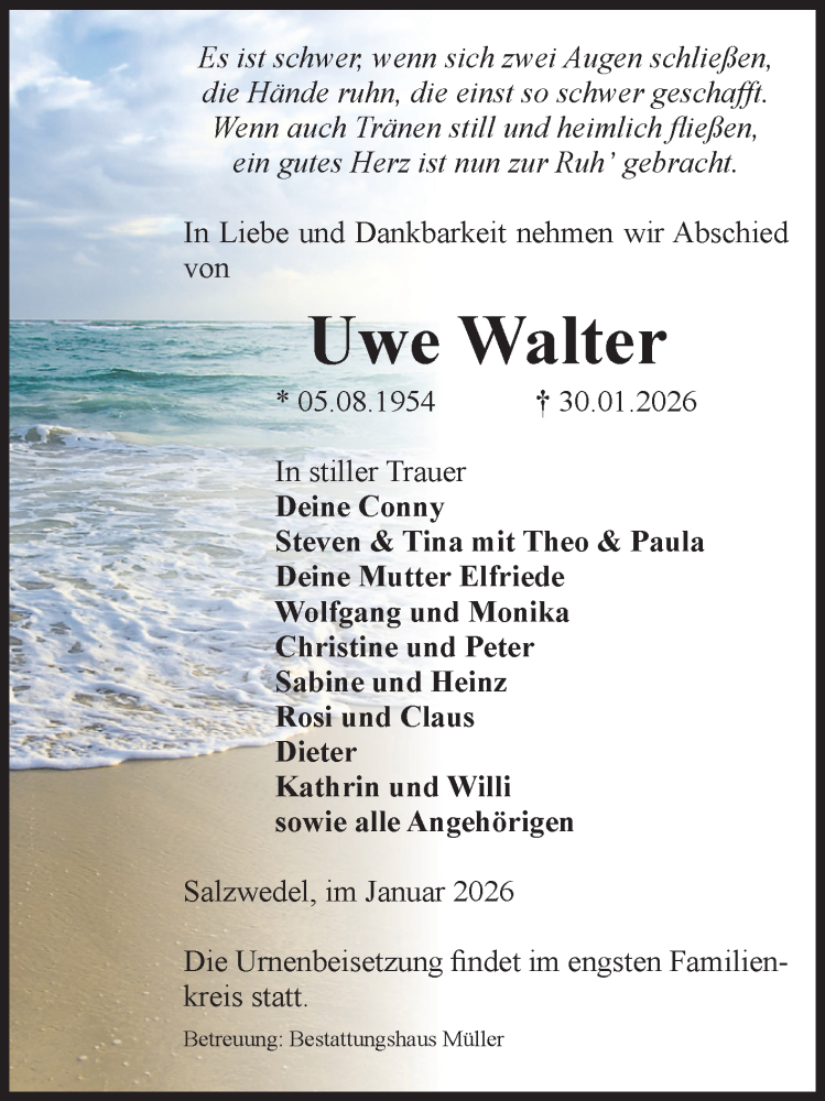  Traueranzeige für Uwe Walter vom 06.02.2026 aus Volksstimme Altmark West