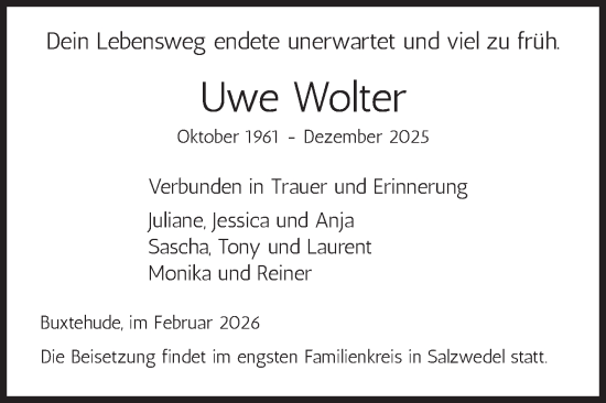 Traueranzeige von Uwe Wolter von Volksstimme Altmark West