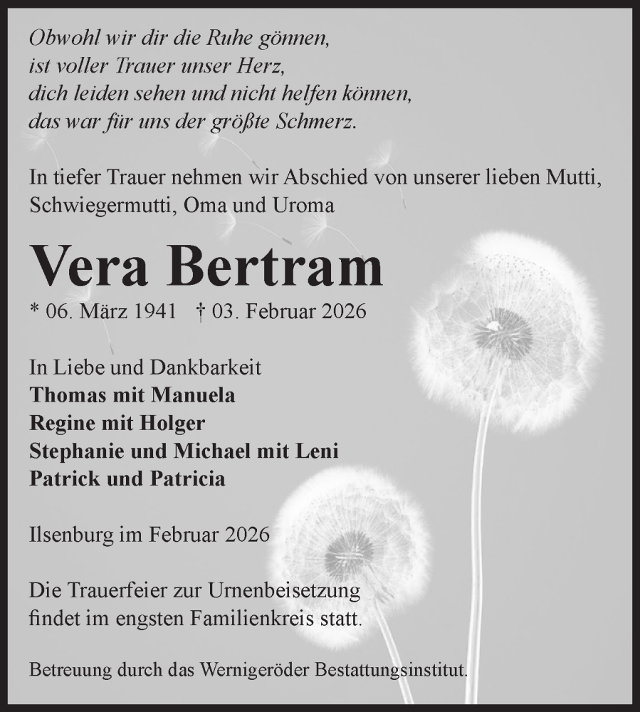  Traueranzeige für Vera Bertram vom 14.02.2026 aus Volksstimme Wernigerode