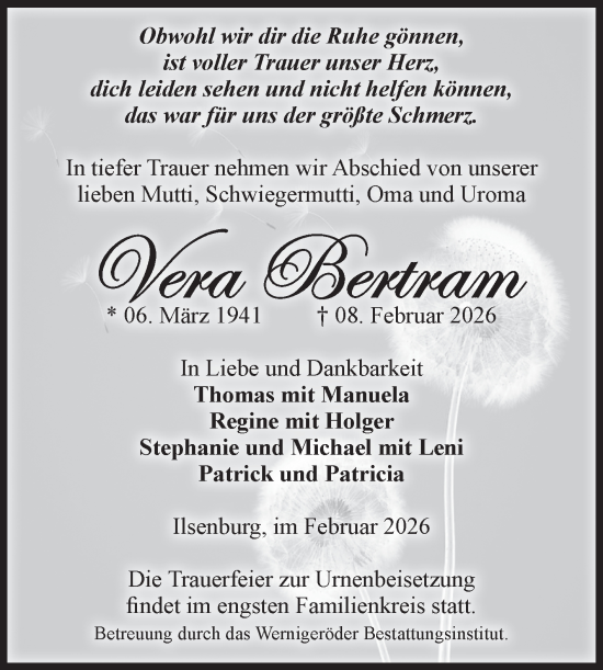 Traueranzeige von Vera Bertram von Volksstimme Wernigerode