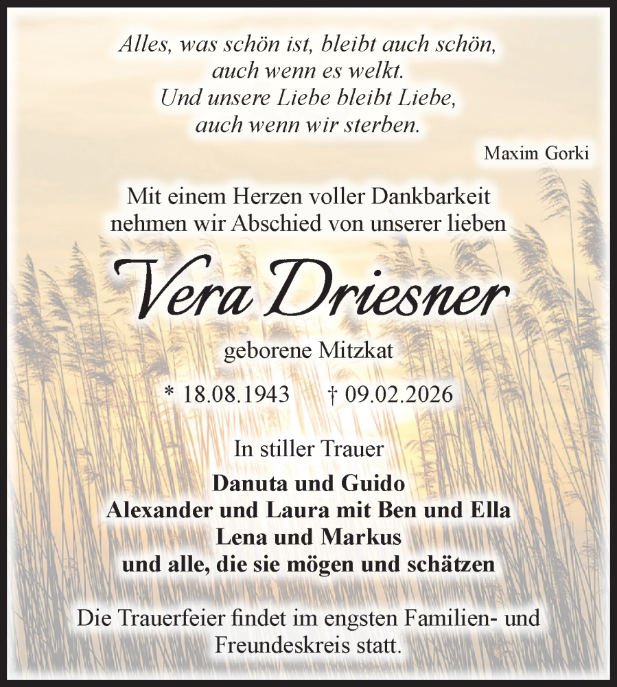  Traueranzeige für Vera Driesner vom 14.02.2026 aus Volksstimme Altmark Ost