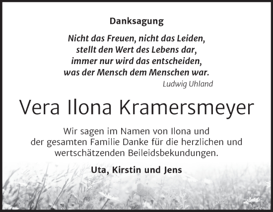 Traueranzeige von Vera Ilona Kramersmeyer von Trauerkombi Bernburg