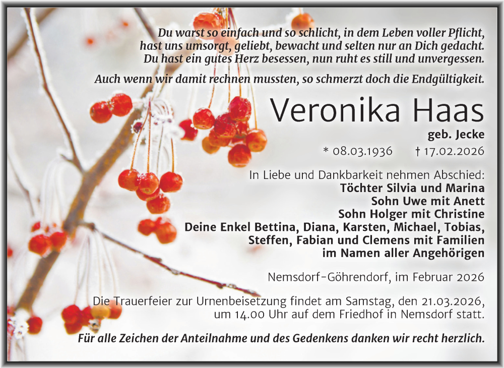  Traueranzeige für Veronika Haas vom 28.02.2026 aus Trauerkombi Merseburg
