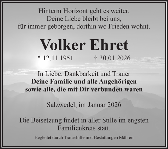 Traueranzeige von Volker Ehret von Volksstimme Altmark West