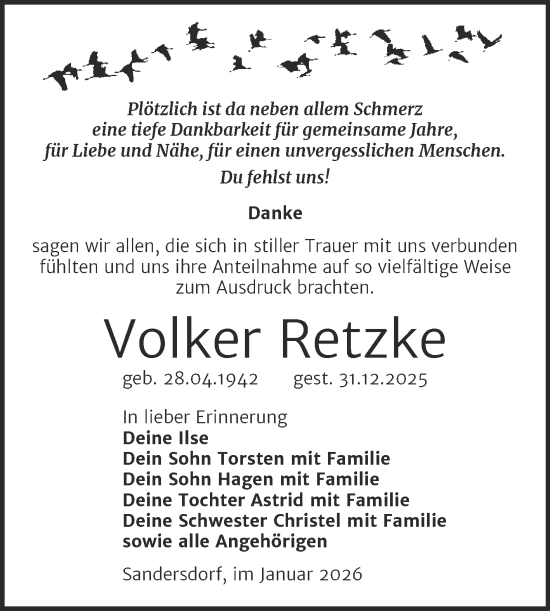 Traueranzeige von Volker Retzke von Trauerkombi Bitterfeld