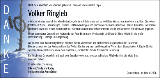 Traueranzeige von Volker Ringleb von Trauerkombi Sangerhausen