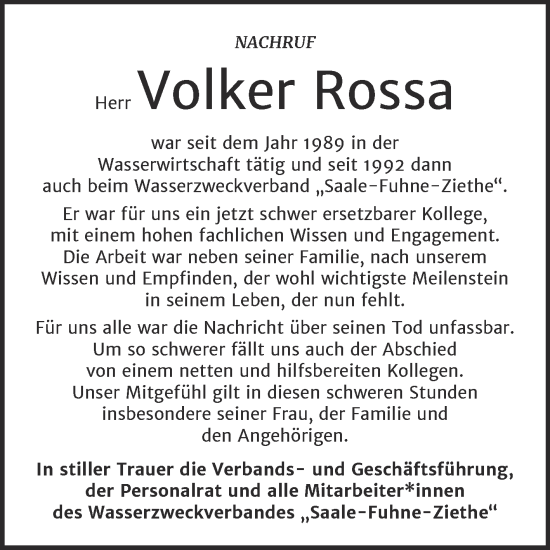 Traueranzeige von Volker Rossa von Super Sonntag Bernburg