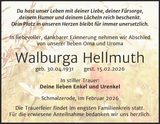Traueranzeige von Walburga Hellmuth von Trauerkombi Mansfelder Land