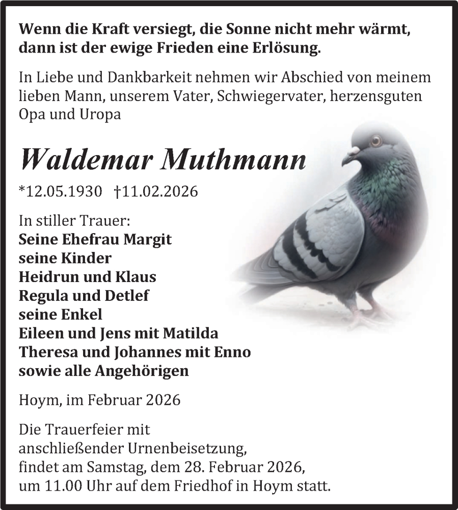  Traueranzeige für Waldemar Muthmann vom 21.02.2026 aus Trauerkombi Aschersleben