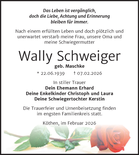 Traueranzeige von Wally Schweiger von Trauerkombi Köthen
