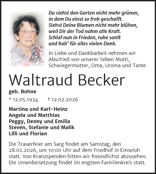 Traueranzeige von Waltraud Becker von Trauerkombi Sangerhausen