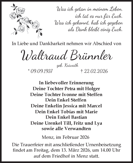 Traueranzeige von Waltraud Brünnler von Volksstimme Burg/Genthin
