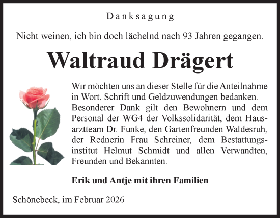 Traueranzeige von Waltraud Drägert von Volksstimme Schönebeck