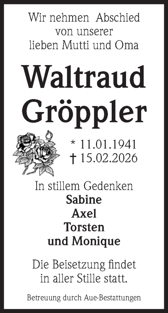  Traueranzeige für Waltraud Gröppler vom 21.02.2026 aus Volksstimme Magdeburg