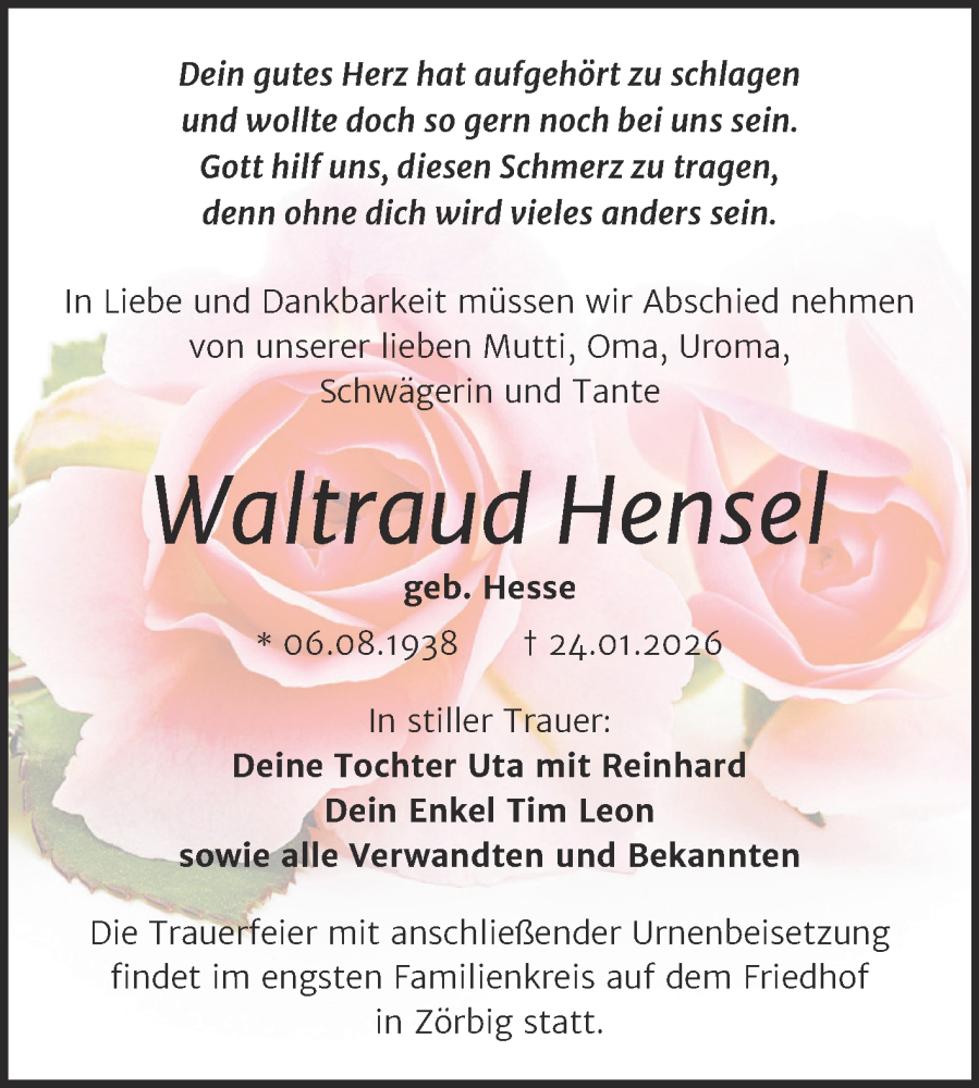  Traueranzeige für Waltraud Hensel vom 07.02.2026 aus Trauerkombi Bitterfeld