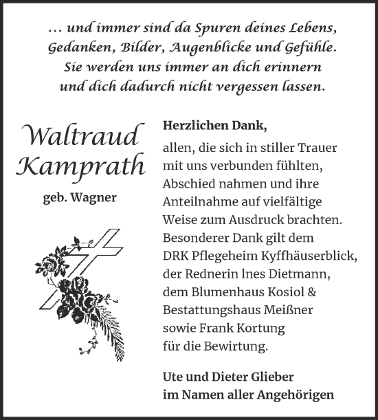 Traueranzeige von Waltraud Kamprath von Trauerkombi Sangerhausen
