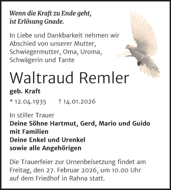 Traueranzeige von Waltraud Remler von Trauerkombi Weißenfels