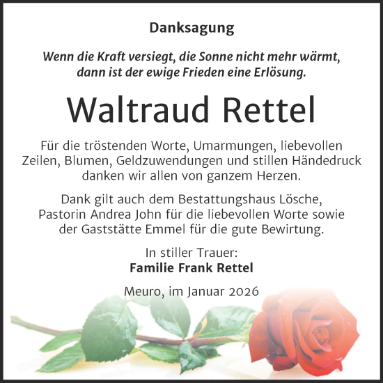 Traueranzeige von Waltraud Rettel von Trauerkombi Wittenberg