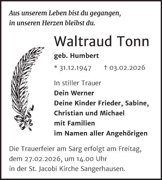 Traueranzeige von Waltraud Tonn von Trauerkombi Sangerhausen