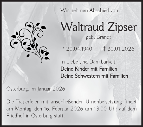 Traueranzeige von Waltraud Zipser von Volksstimme Altmark Ost