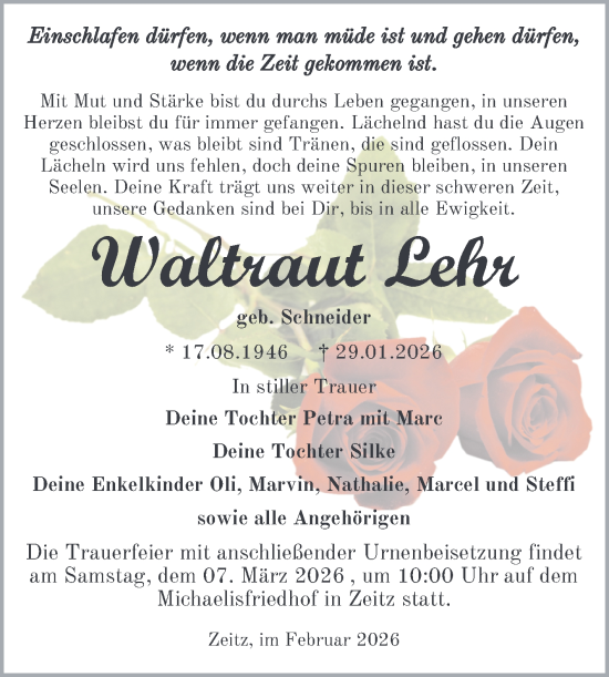 Traueranzeige von Waltraut Lehr von Trauerkombi Zeitz