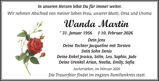 Traueranzeige von Wanda Martin von Trauerkombi Aschersleben