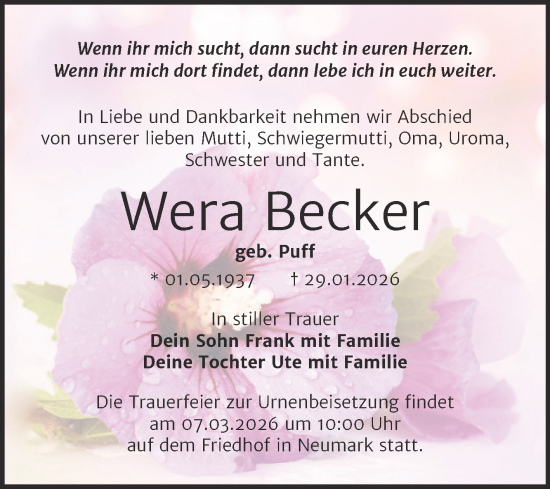 Traueranzeige von Wera Becker von Trauerkombi Merseburg