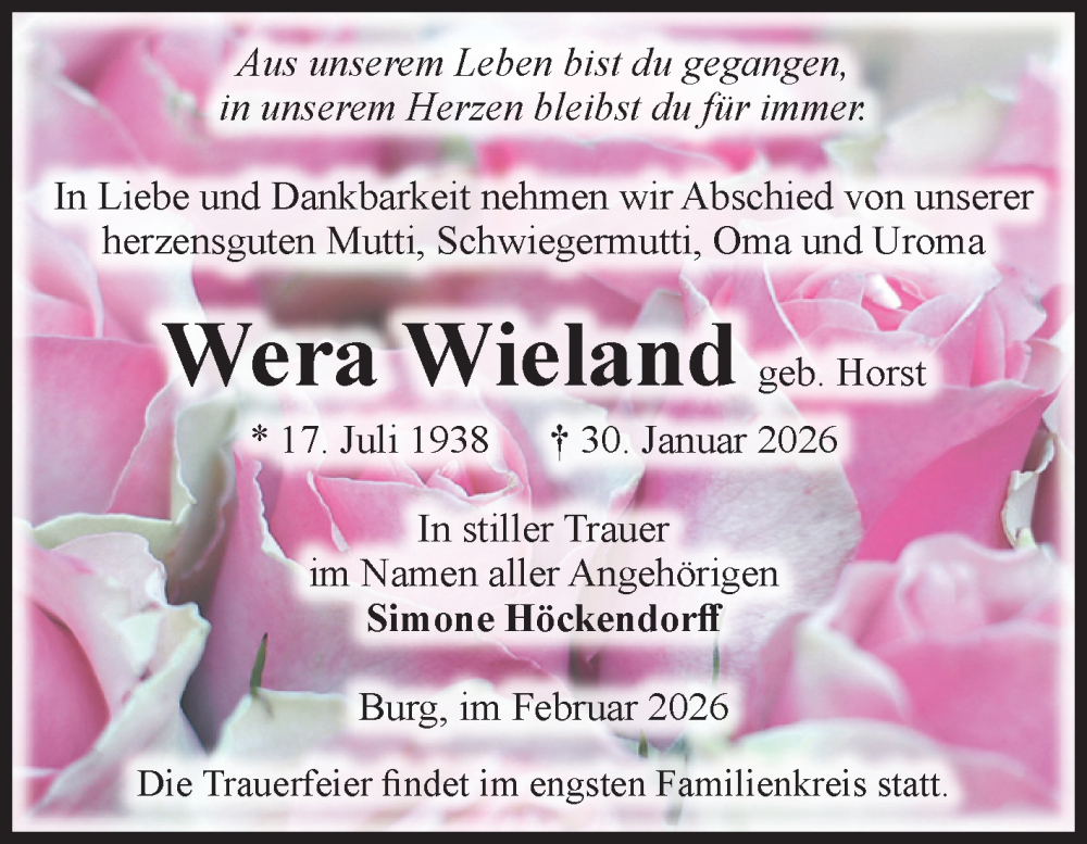  Traueranzeige für Wera Wieland vom 14.02.2026 aus Volksstimme Burg/Genthin