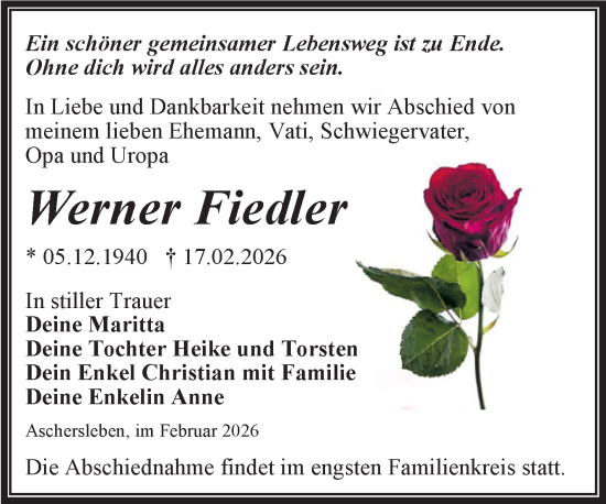 Traueranzeige von Werner Fiedler von Trauerkombi Aschersleben