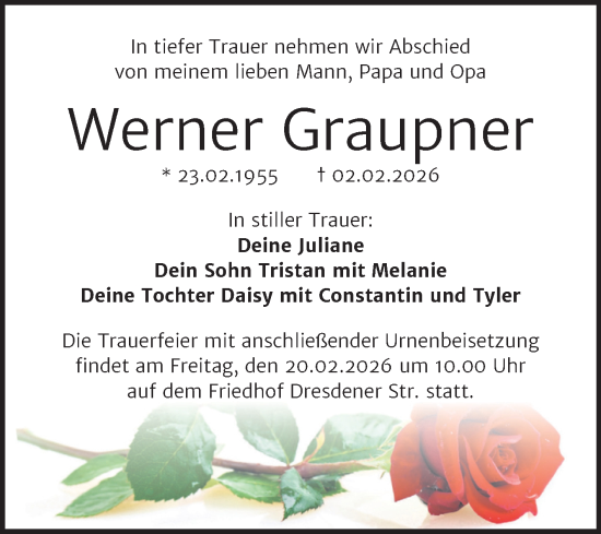 Traueranzeige von Werner Graupner von Trauerkombi Wittenberg