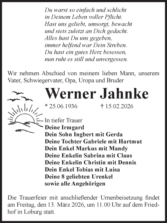 Traueranzeige von Werner Jahnke von Volksstimme Zerbst