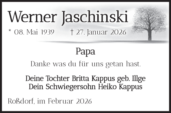 Traueranzeige von Werner Jaschinski von Volksstimme Burg/Genthin