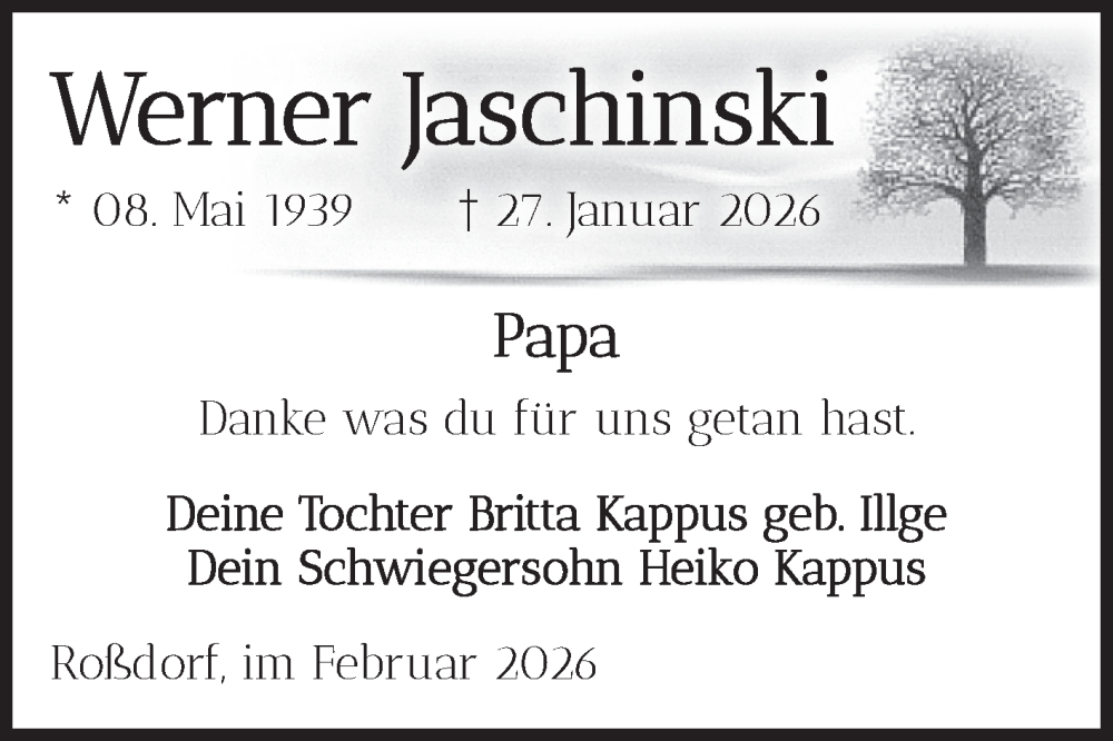  Traueranzeige für Werner Jaschinski vom 07.02.2026 aus Volksstimme Burg/Genthin
