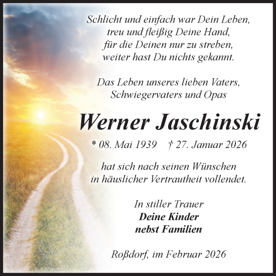 Traueranzeige von Werner Jaschinski von Volksstimme Burg/Genthin