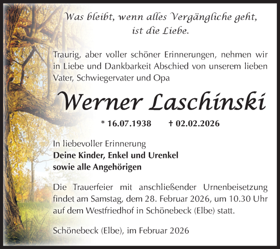 Traueranzeige von Werner Laschinski von Volksstimme Schönebeck