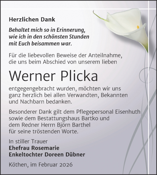 Traueranzeige von Werner Plicka von Trauerkombi Köthen