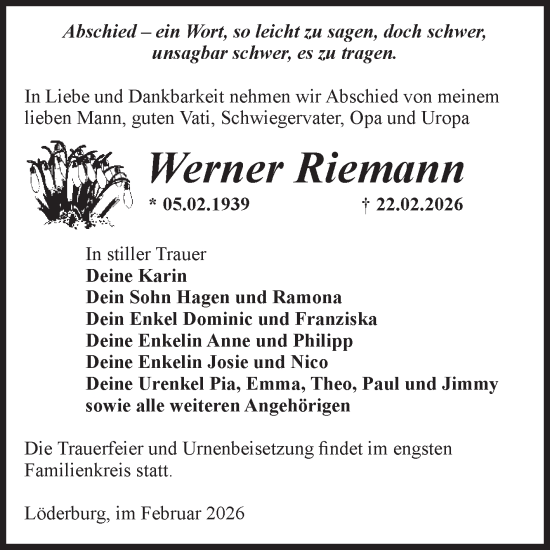 Traueranzeige von Werner Riemann von Volksstimme Staßfurt