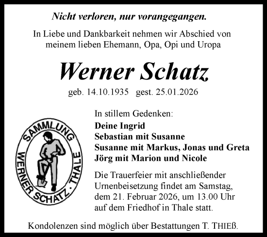 Traueranzeige von Werner Schatz von Trauerkombi Quedlinburg