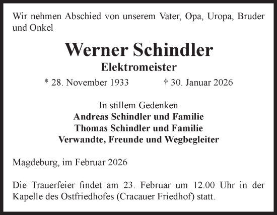 Traueranzeige von Werner Schindler von Volksstimme Magdeburg