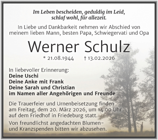 Traueranzeige von Werner Schulz von Trauerkombi Mansfelder Land