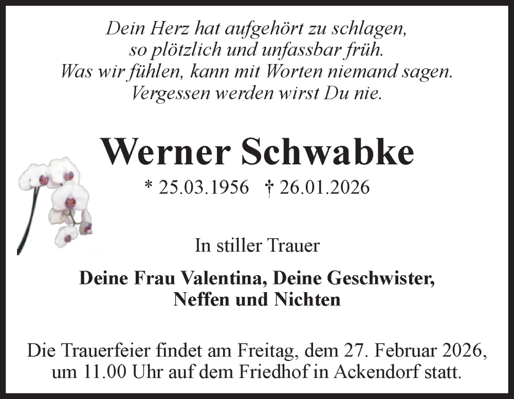  Traueranzeige für Werner Schwabke vom 07.02.2026 aus Volksstimme Haldensleben/Wolmirstedt
