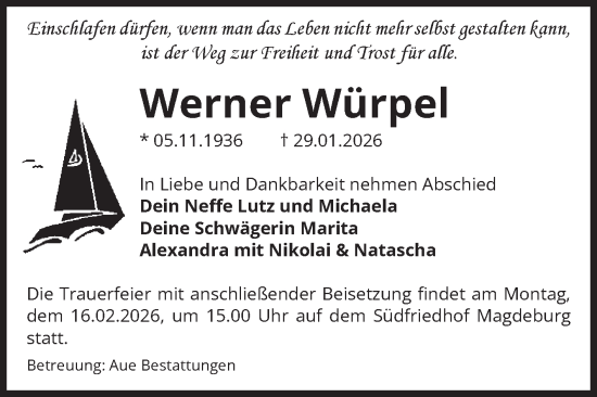 Traueranzeige von Werner Würpel von Volksstimme Magdeburg