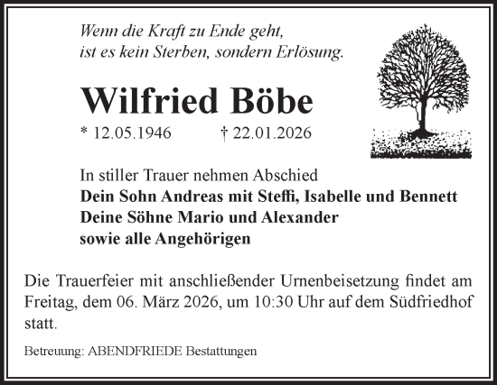 Traueranzeige von Wilfried Böbe von Volksstimme Magdeburg