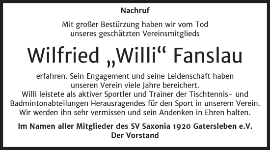 Traueranzeige von Wilfried Fanslau von Trauerkombi Aschersleben