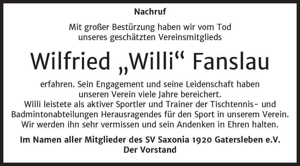  Traueranzeige für Wilfried Fanslau vom 07.02.2026 aus Trauerkombi Aschersleben