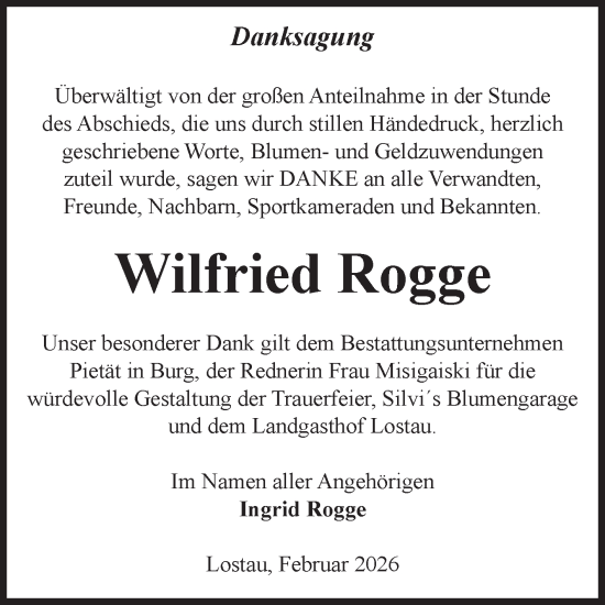 Traueranzeige von Wilfried Rogge von Volksstimme Burg/Genthin