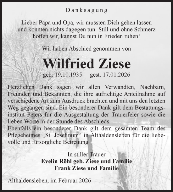 Traueranzeige von Wilfried Ziese von Volksstimme Haldensleben/Wolmirstedt